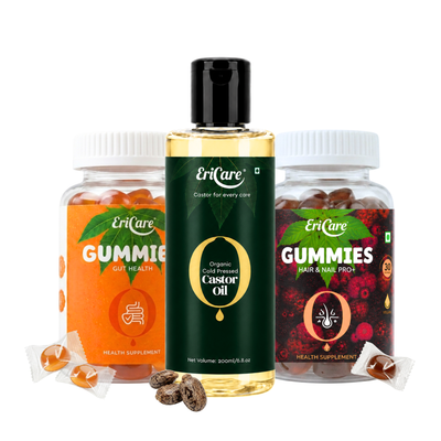 EriCare Total Wellness Combo: Gut Health Gummies, Organic Castor Oil 200 ml and Hair & Nail Pro+ Biotin Gummies