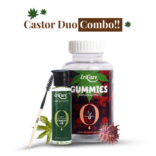 castor oil for hair growth + castor oil biotin gummies for strengthening hair and nail.