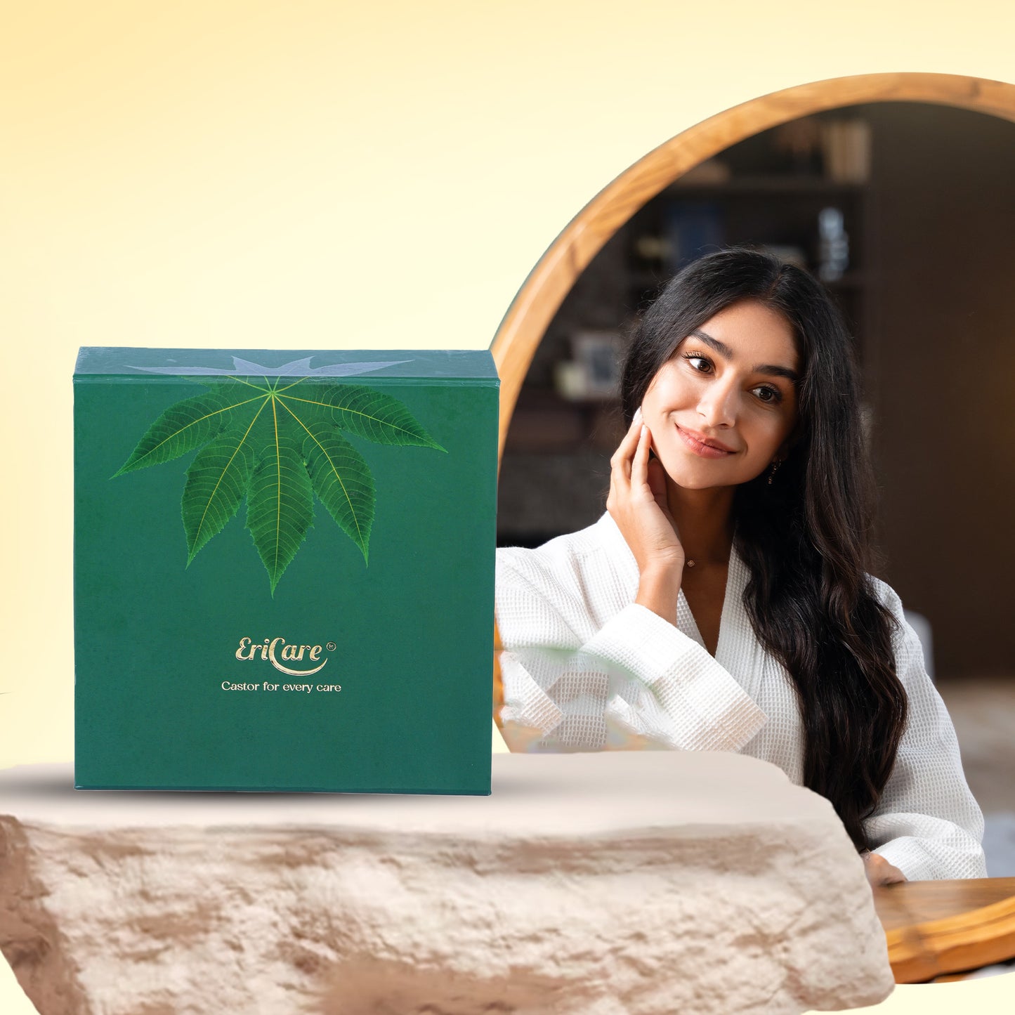 Lady happy by using castor oil  for her natural skin care routine. organic castor oil care kit for skin care