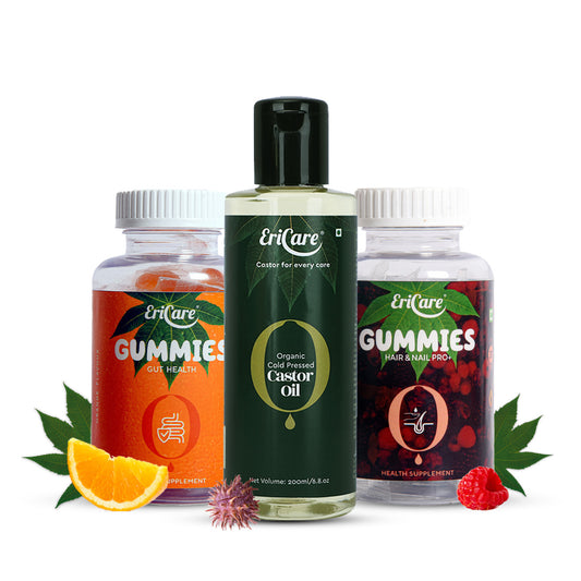 Combo offer of biotin gummies, gut health gummies and organic castor oil by EriCare