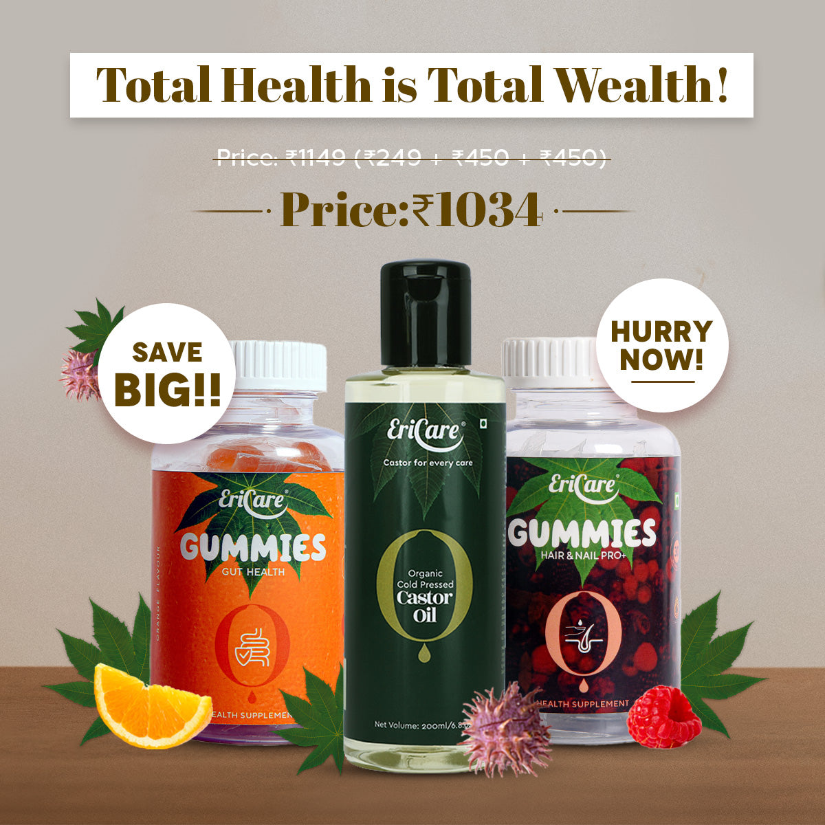 Save Big n Combo offer of probiotic gummies, biotin gummies and organic castor oil