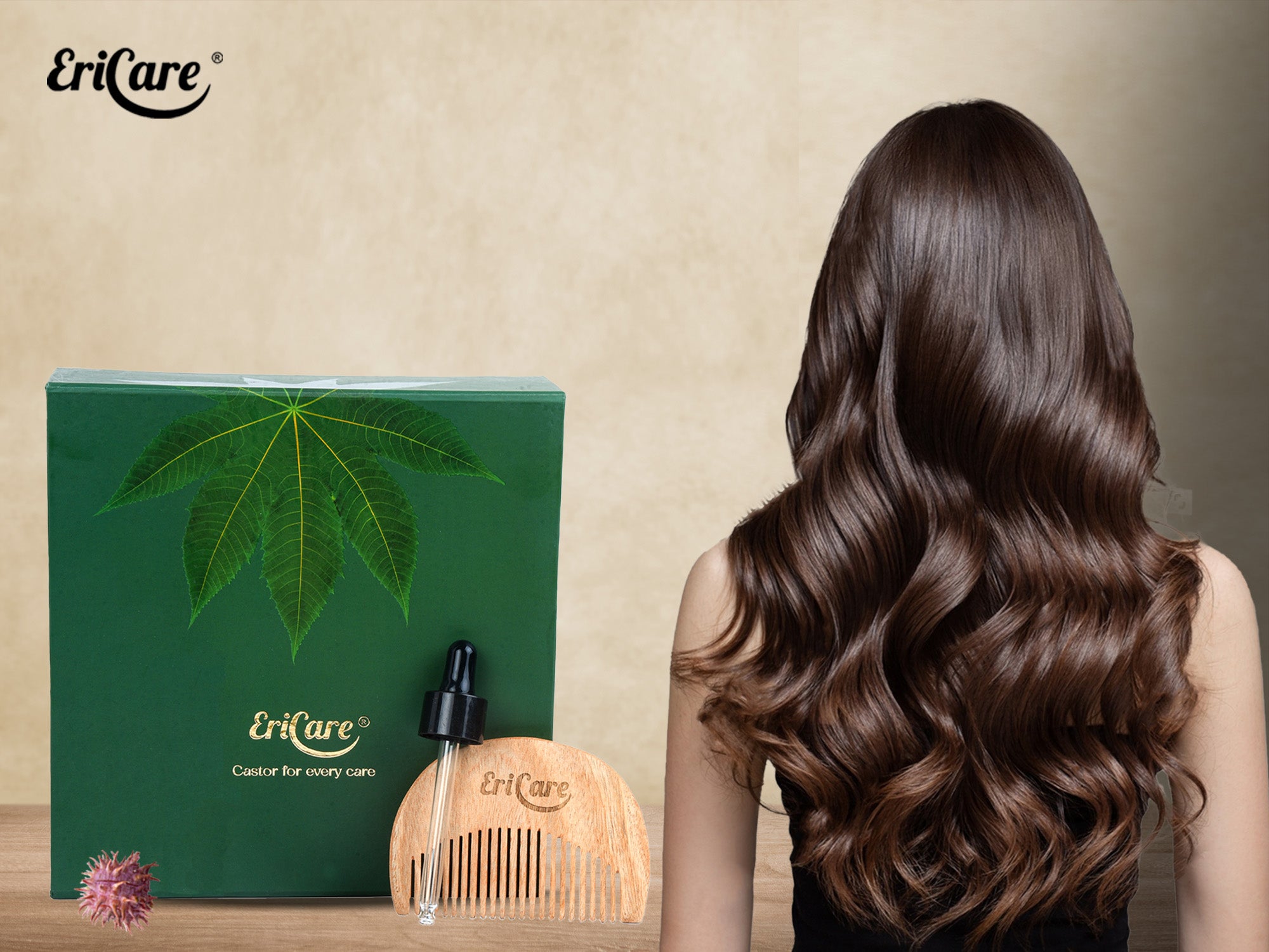 EriCare Organic castor oil for long strong voluminous thick hair. Comes with wooden comb for boosting hair growth