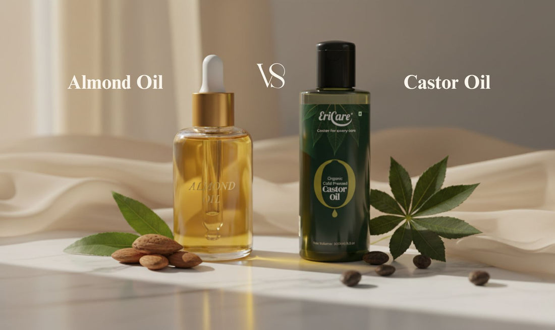 Comparison of Almond oil and Castor Oil for Eyebrow Growth bottles with nuts and leaves
