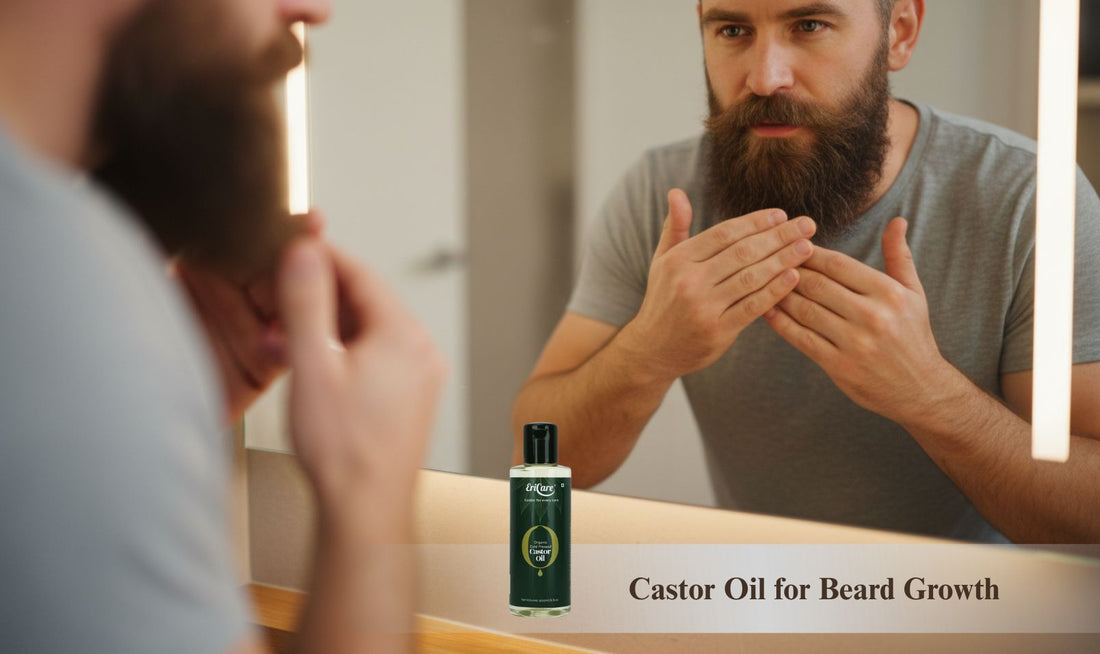 Man applying Castor Oil Product for beard growth in the mirror at home