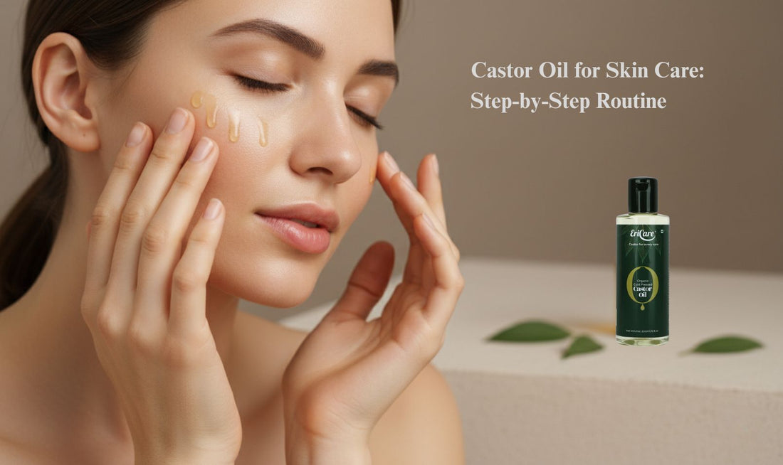 Woman applying Castor Oil for Skin care routine for soft glowing skin