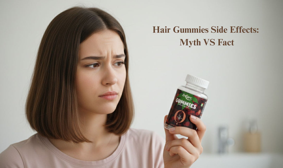 Hair Gummies in a woman's hand with a thoughtful expression showing safety concerns