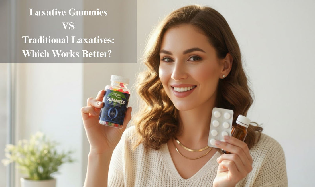 Woman holding laxative gummies and pills comparing two options 