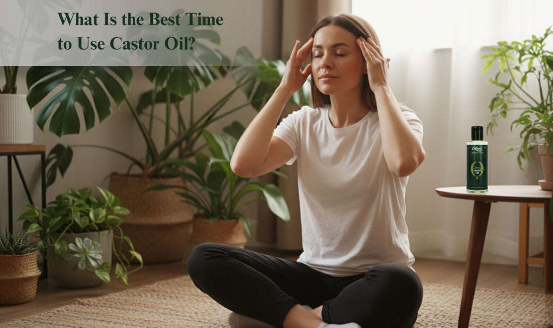 Woman massaging scalp with Castor Oil for hair care in natural home space