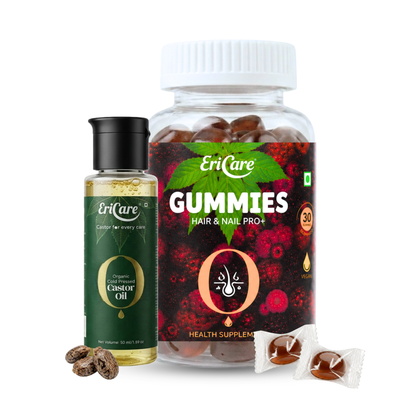 EriCare Organic Castor Oil and Hair & Nail Pro+ Biotin Gummies combo