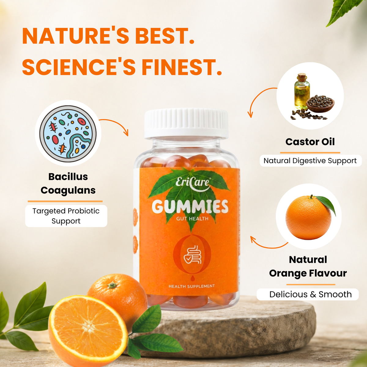 Gut Health Gummies with Bacillus coagulans probiotic, castor oil and natural orange flavour