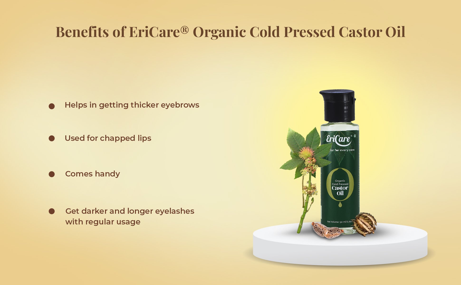 Image displaying advantages of using mini organic castor oil that comes handy for eyelashes and eyebrows growth
