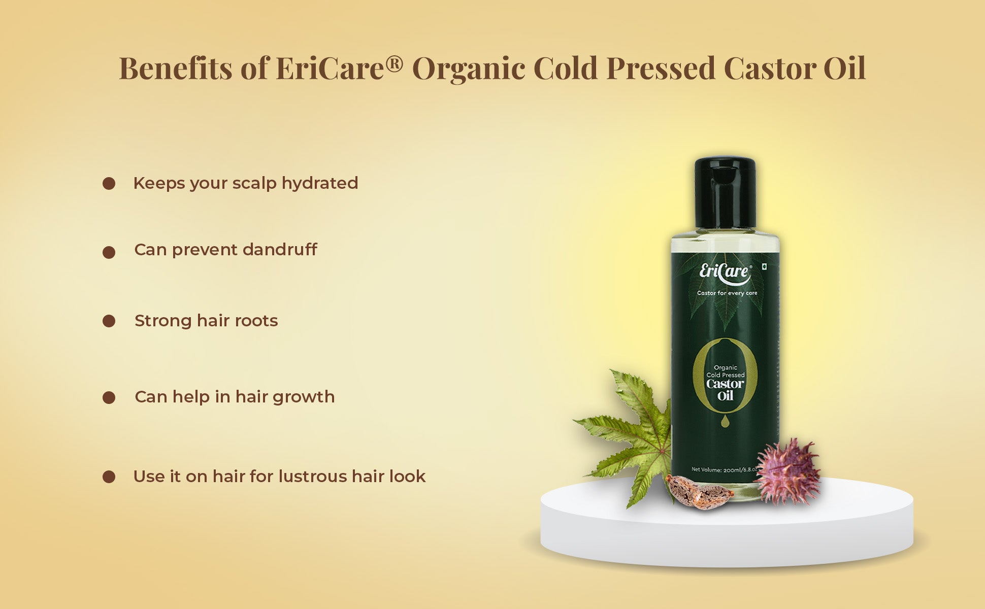 Image depicting Ericare Certified Organic Castor Oil for promoting Hair Growth and Scalp Health