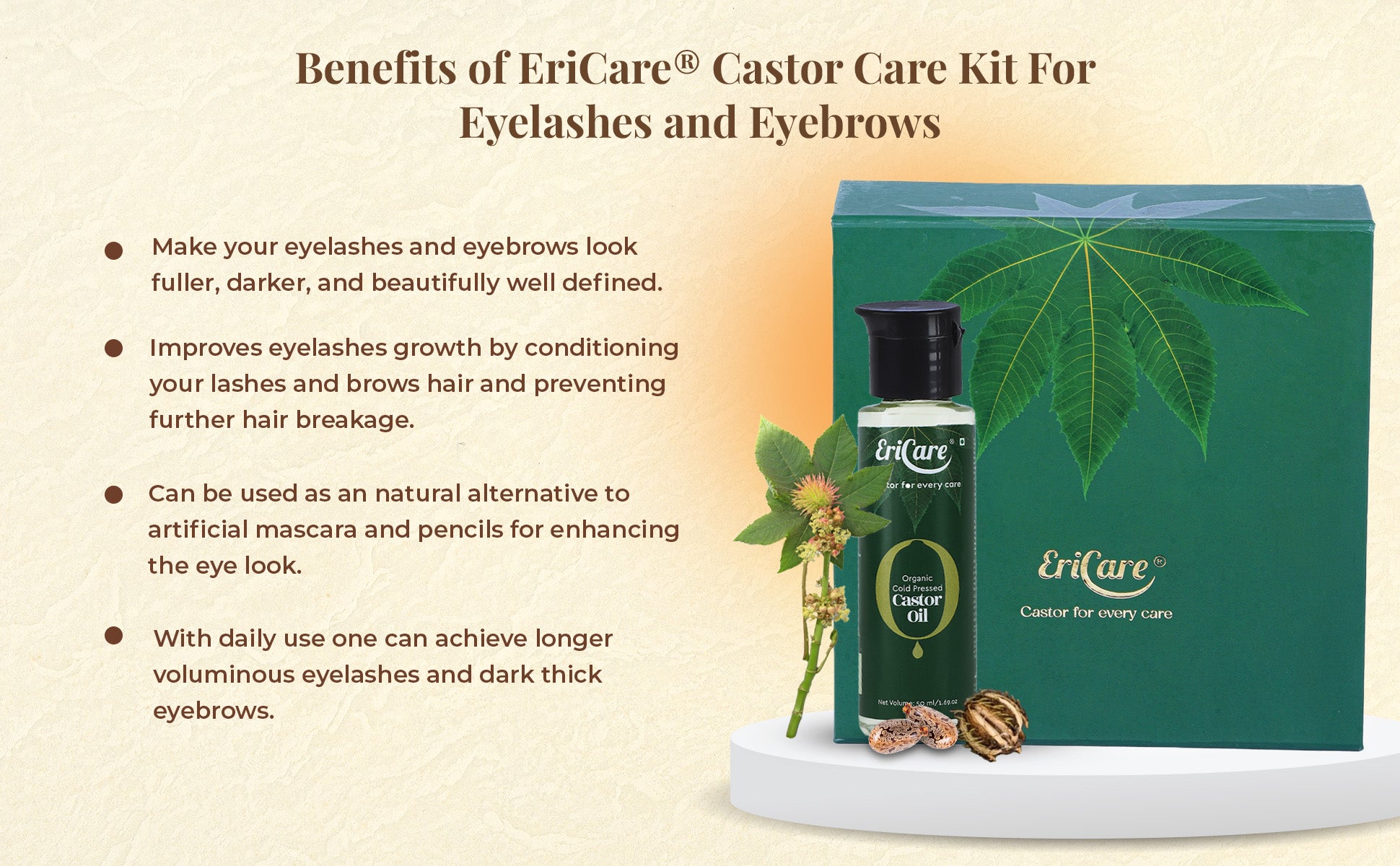 Benefits of organic castor oil for eyelashes growth. Prevents lashes breakage, nourishes lashes and darker brows