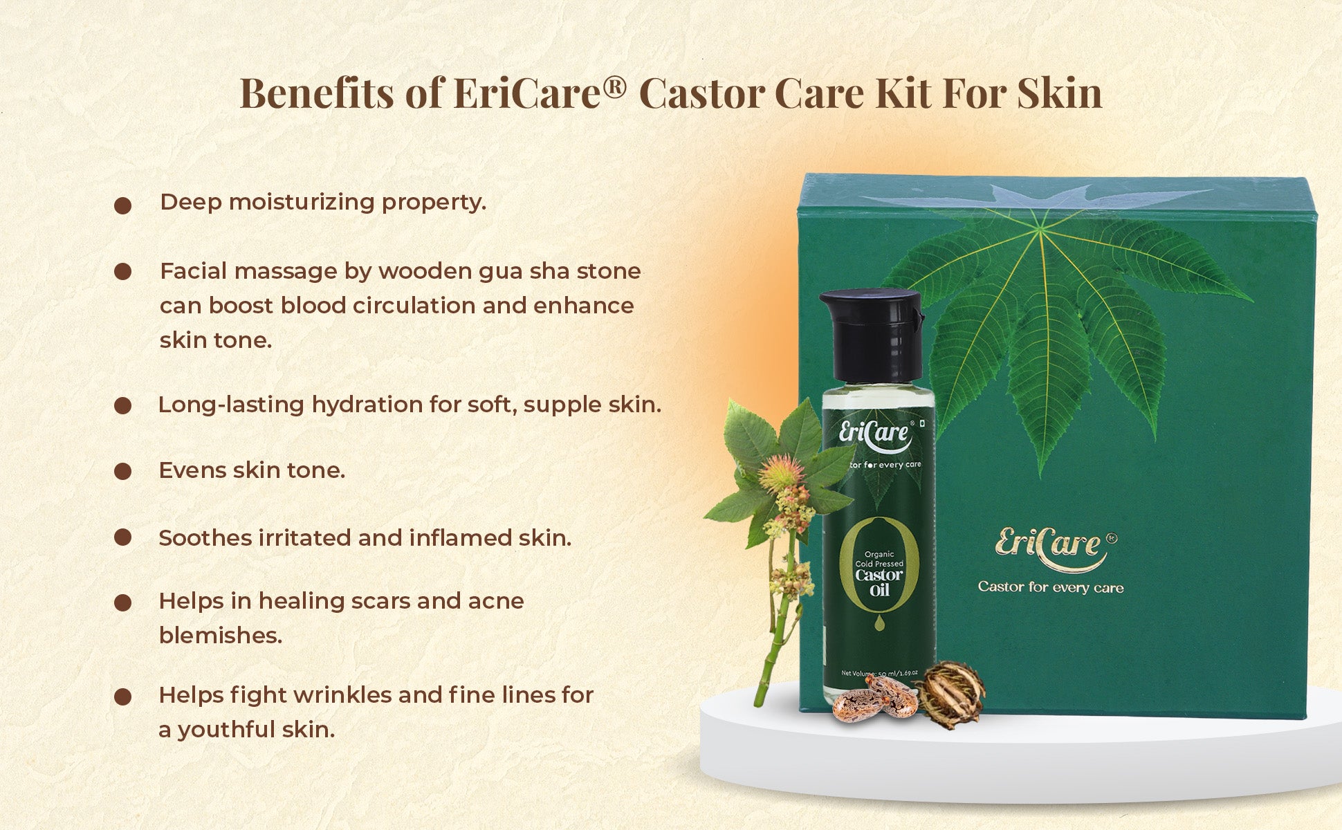 benefits of organic castor oil for skin: Good for massaging castor oil on skin by gua sha wooden massager for keeping skin hydrated, healthy and acne free
