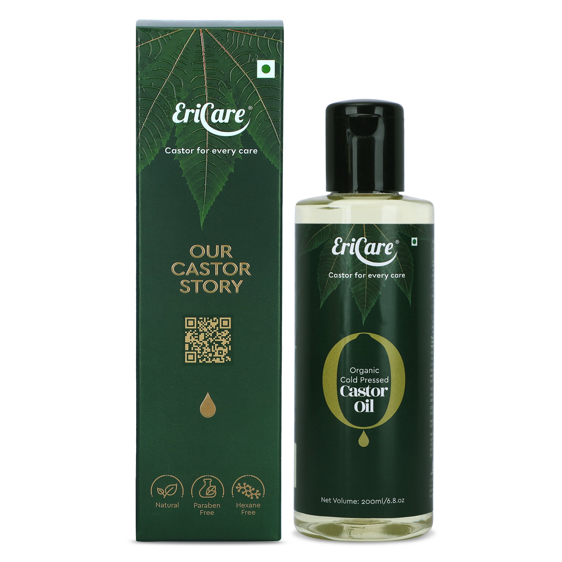 EriCare Organic Castor Oil brand bottle with its outer cover that displays Castor Story of EriCare BrandCertified hexane-free 