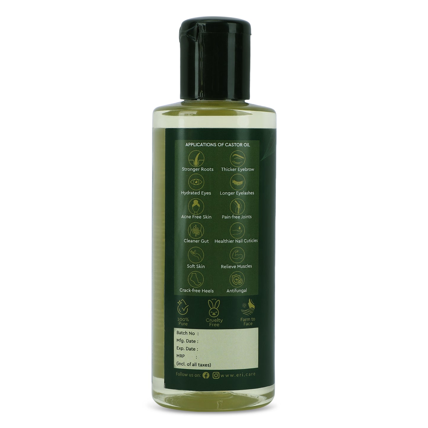 EriCare Organic Castor Oil bottle backview showing beneficial applications of using organic castor oil for hair, skin and eyelashes