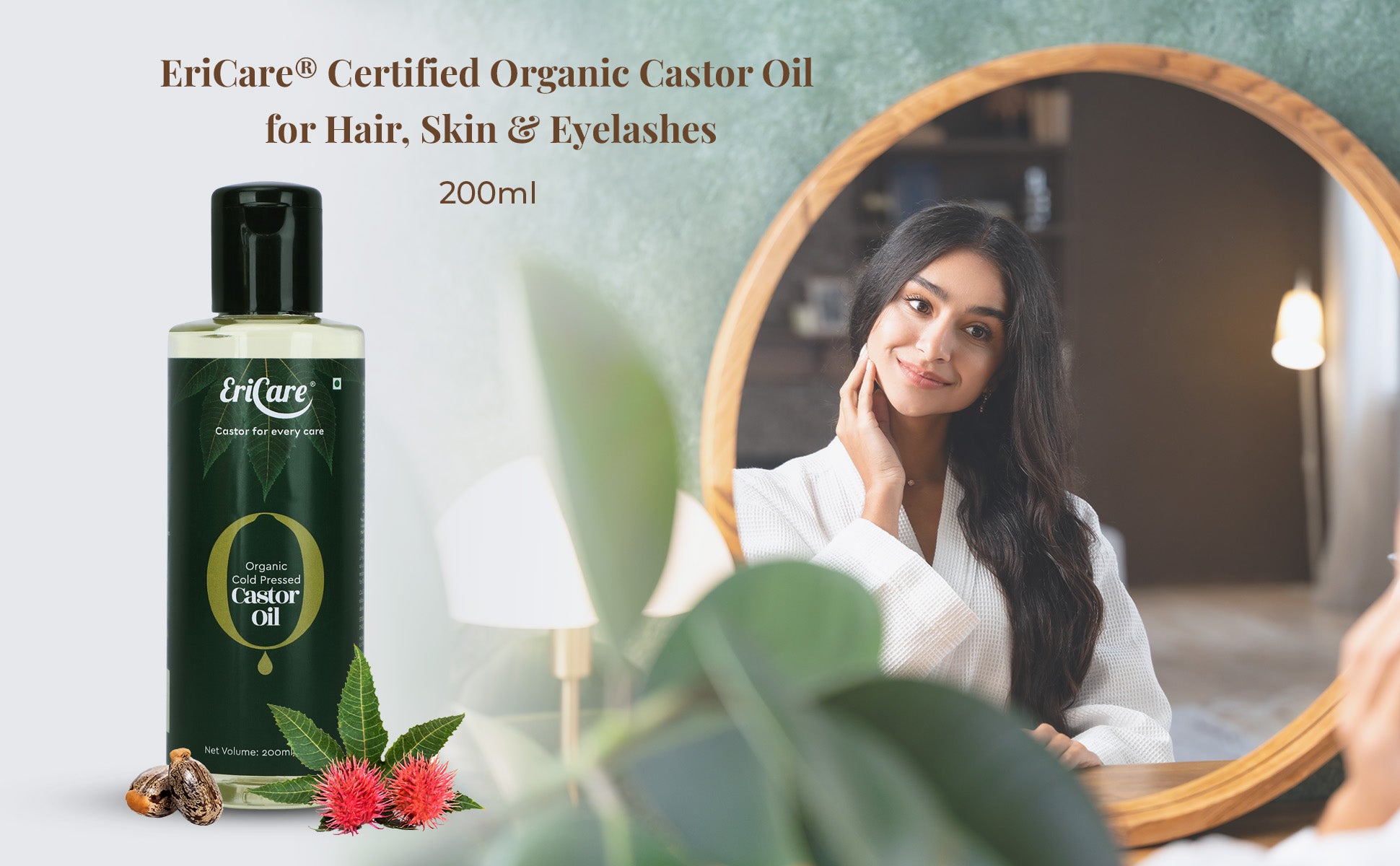 Introducing EriCare Certified Organic Castor Oil where a woman is shown who is amazed by the results of her healthy hair growth and clear skin.