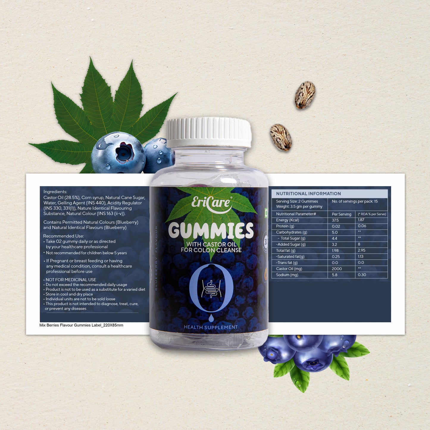 Shows nutritional information of colon cleanse gummies for benefits of castor oil for constipation relief