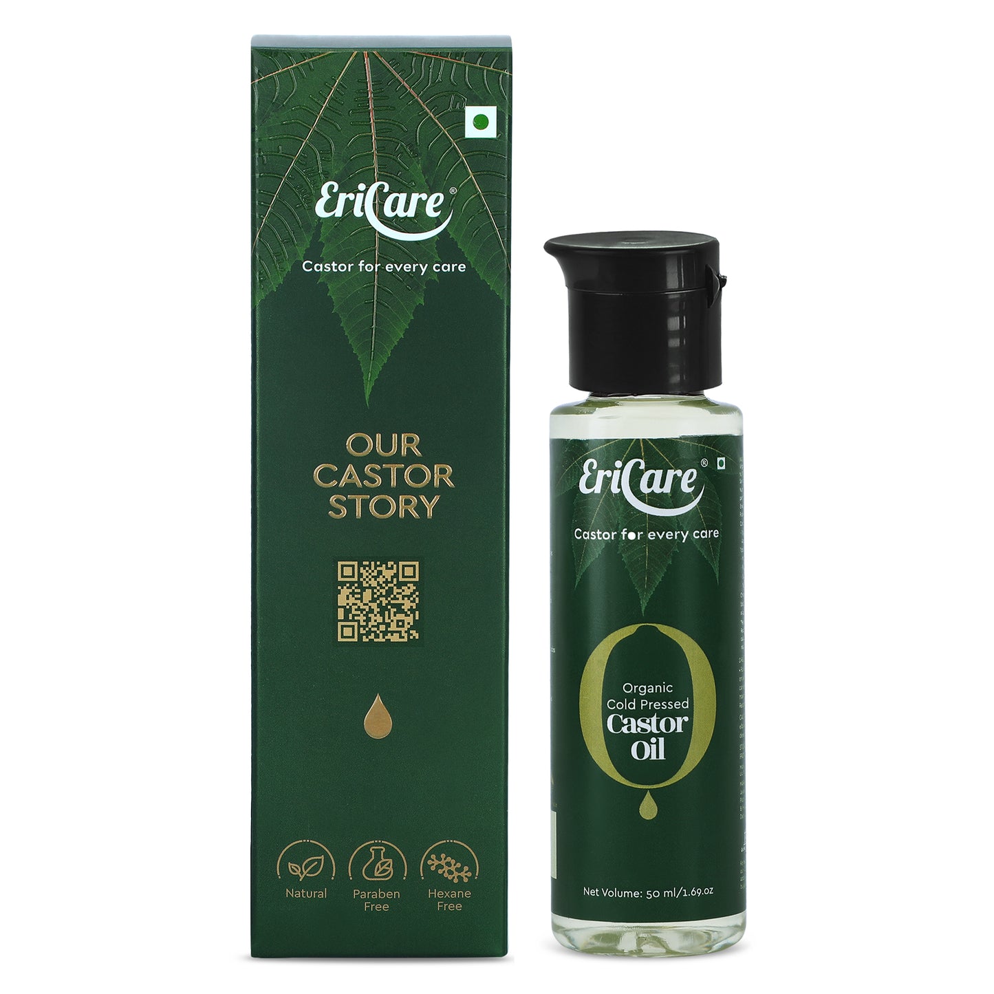 Product photo featuring QR code for accessing the 'About Us' page of Ericare organic castor oil brand