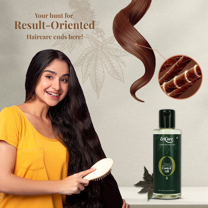 Woman happily displays her long, healthy, frizz-free hair after using Ericare organic castor oil, demonstrating its result-oriented haircare effectiveness for hair care.