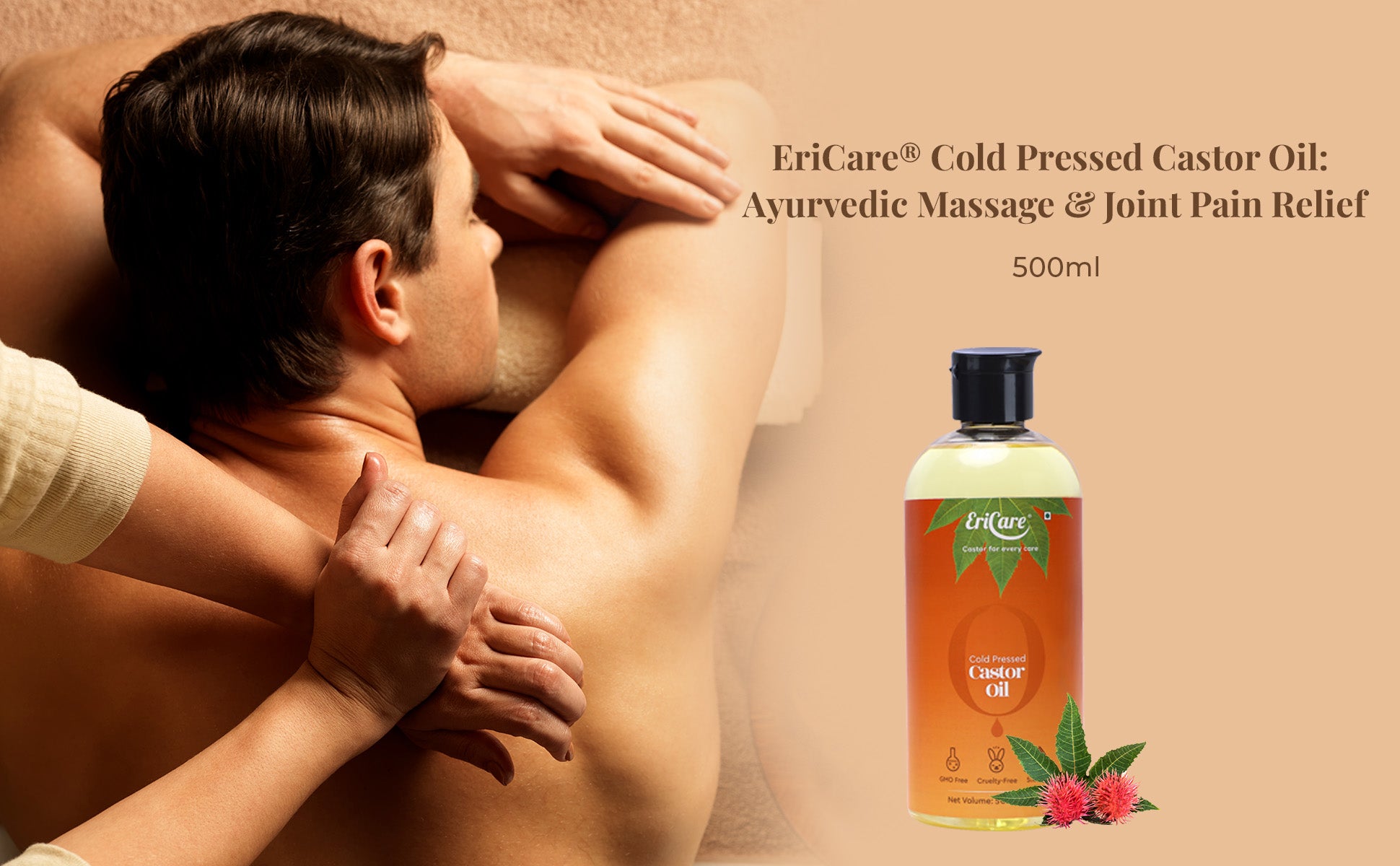 happy woman holding ericare cold-pressed castor oil 500ML and applying it on her skin for nourishing skin