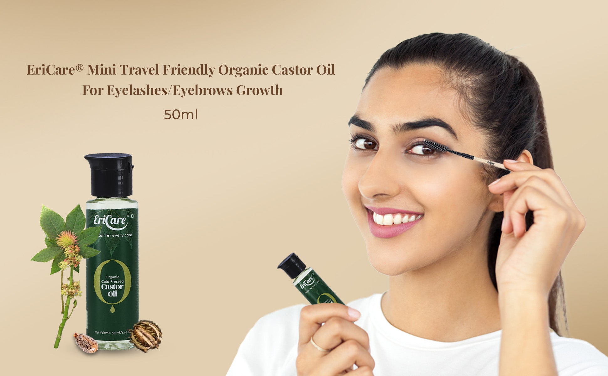 Women applying mini travel friendly organic castor oil on eyelashes and eyebrows for getting healthy fuller darker looking eyelashes/eyebrows