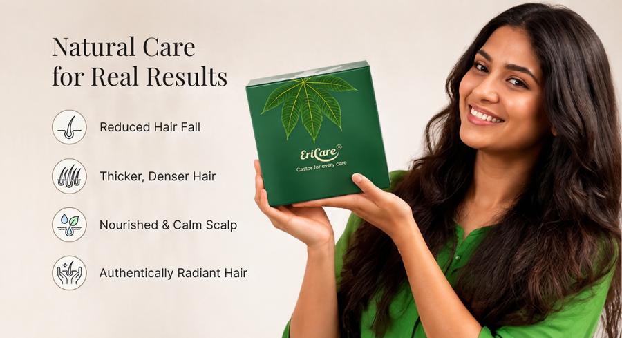 Woman holding the EriCare castor oil kit: natural care for real results - reduced hair fall, thicker denser hair, nourished calm scalp and radiant hair