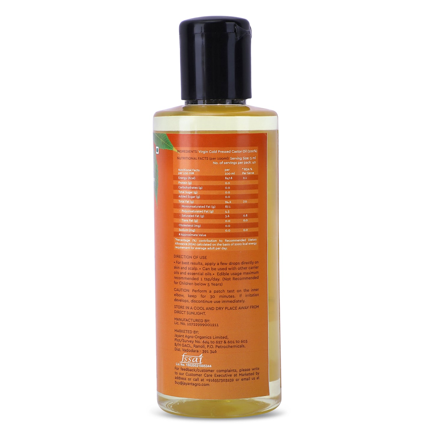 Ericare cold-pressed castor oil bottle's back showing ingredients, nutrition value and description on usage
