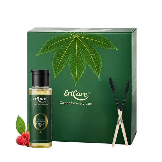 EriCare Organic Castor Oil Eyelash & Eyebrow Care Kit with castor oil bottle and applicator brushes