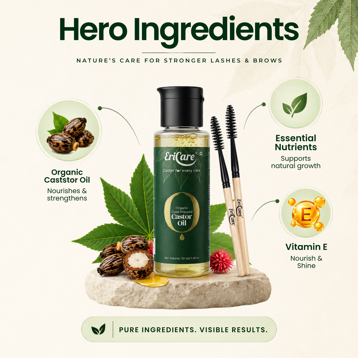 EriCare Organic Castor Oil Eyelash & Eyebrow Care Kit hero ingredients