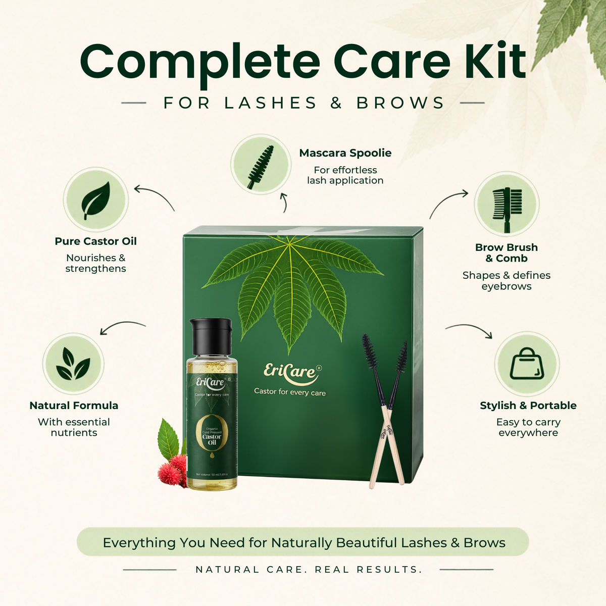 EriCare Organic Castor Oil Eyelash & Eyebrow Care Kit complete care kit contents: castor oil, mascara spoolie and brow brush