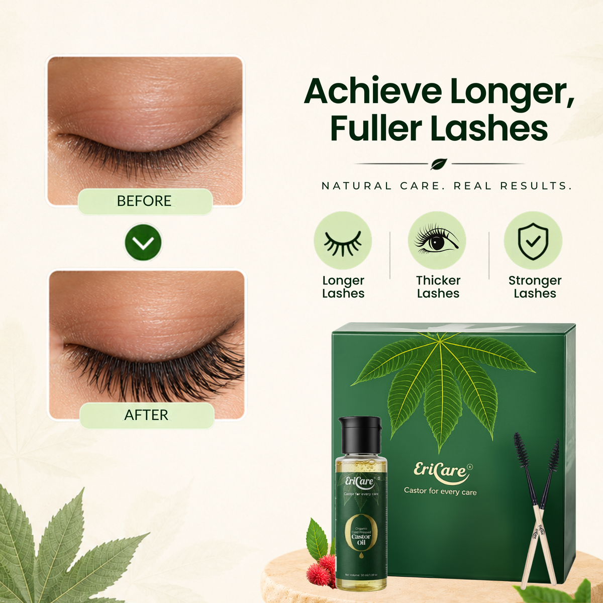 EriCare Organic Castor Oil Eyelash & Eyebrow Care Kit before and after lash results