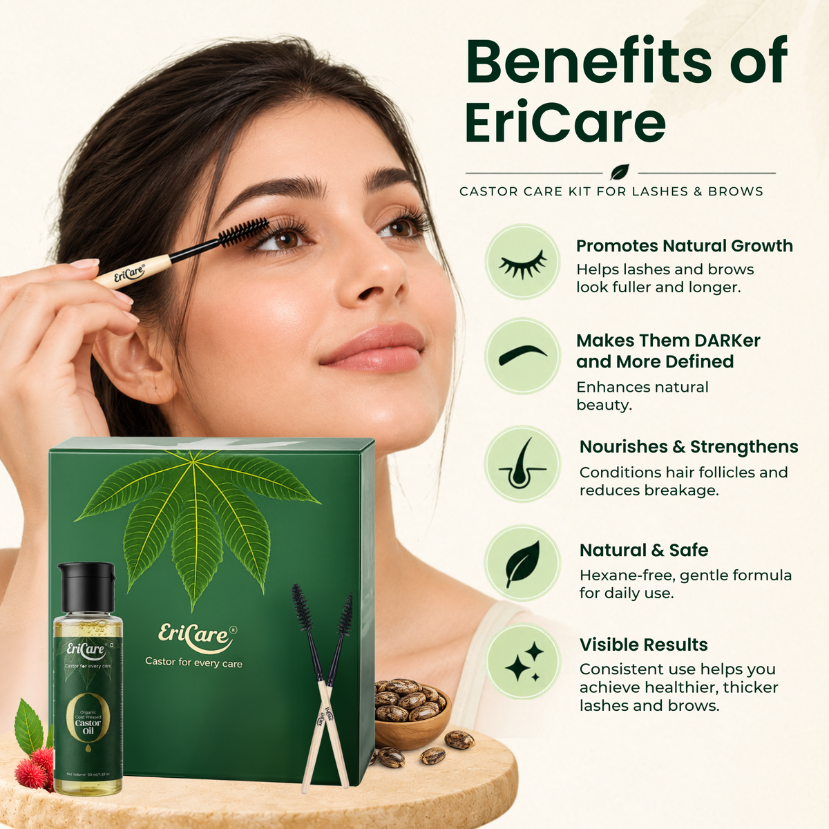EriCare Organic Castor Oil Eyelash & Eyebrow Care Kit benefits for longer, fuller lashes