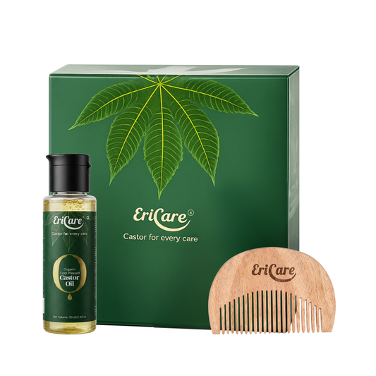 EriCare Organic Castor Oil Hair Care Kit with castor oil bottle and wooden comb