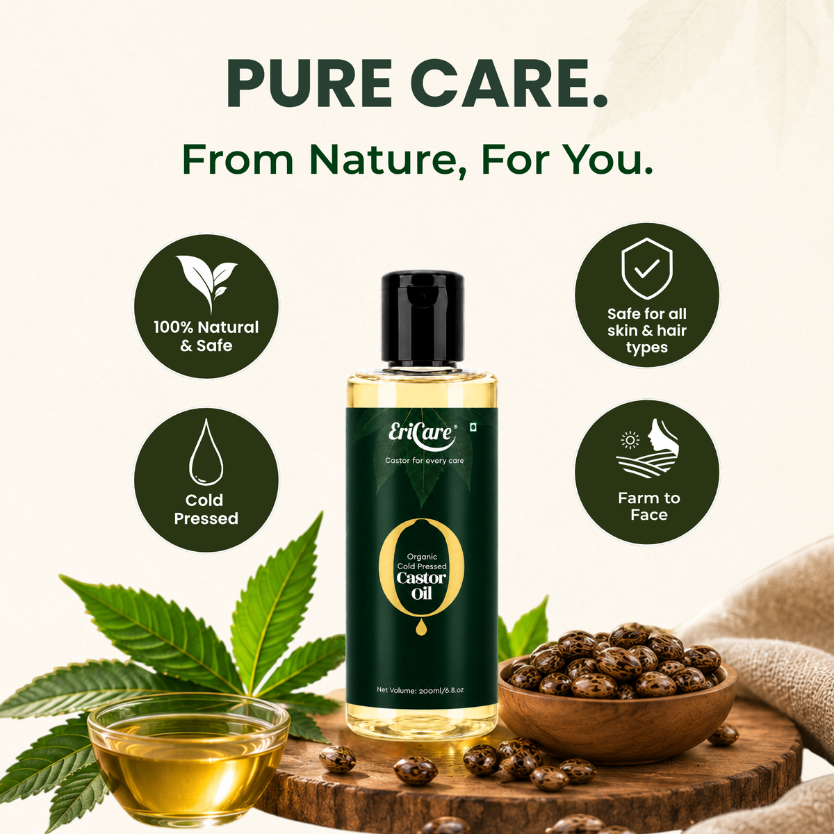 EriCare Organic Cold-Pressed Castor Oil 200ml key features: natural, cold pressed, farm to face