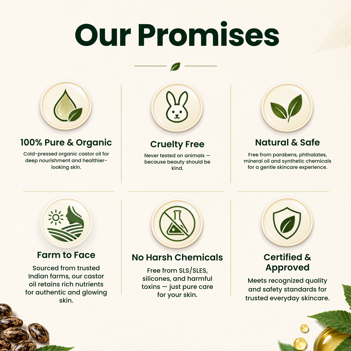 EriCare Organic Cold-Pressed Castor Oil 200ml our promises: pure, organic, cruelty free