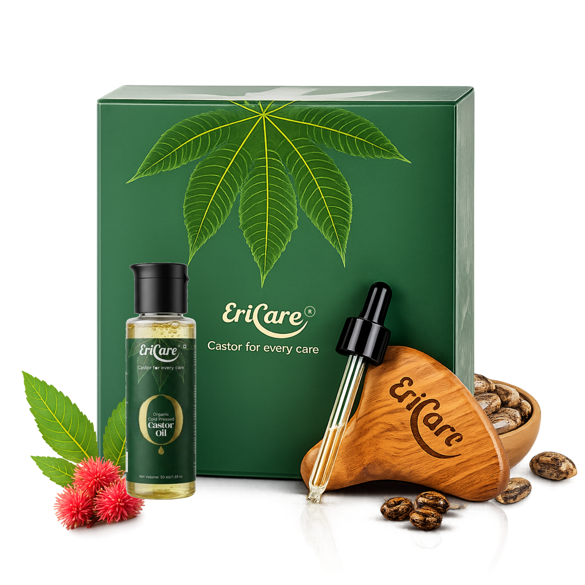 EriCare Organic Castor Oil Skin Care Kit with castor oil, dropper and wooden gua sha