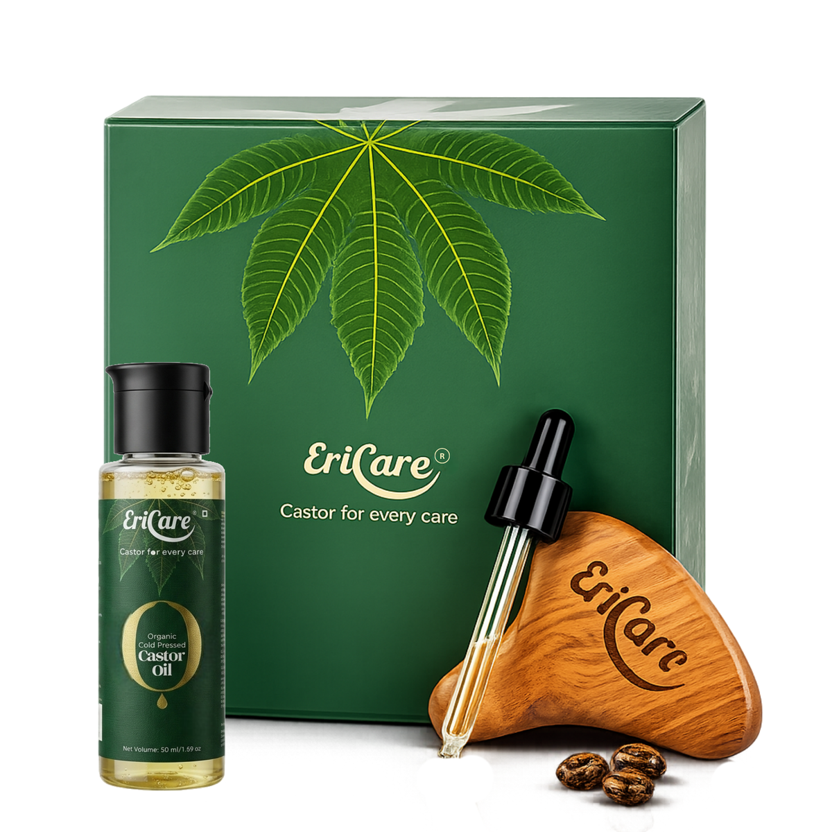 EriCare Organic Castor Oil Skin Care Kit castor oil bottle, dropper and gua sha