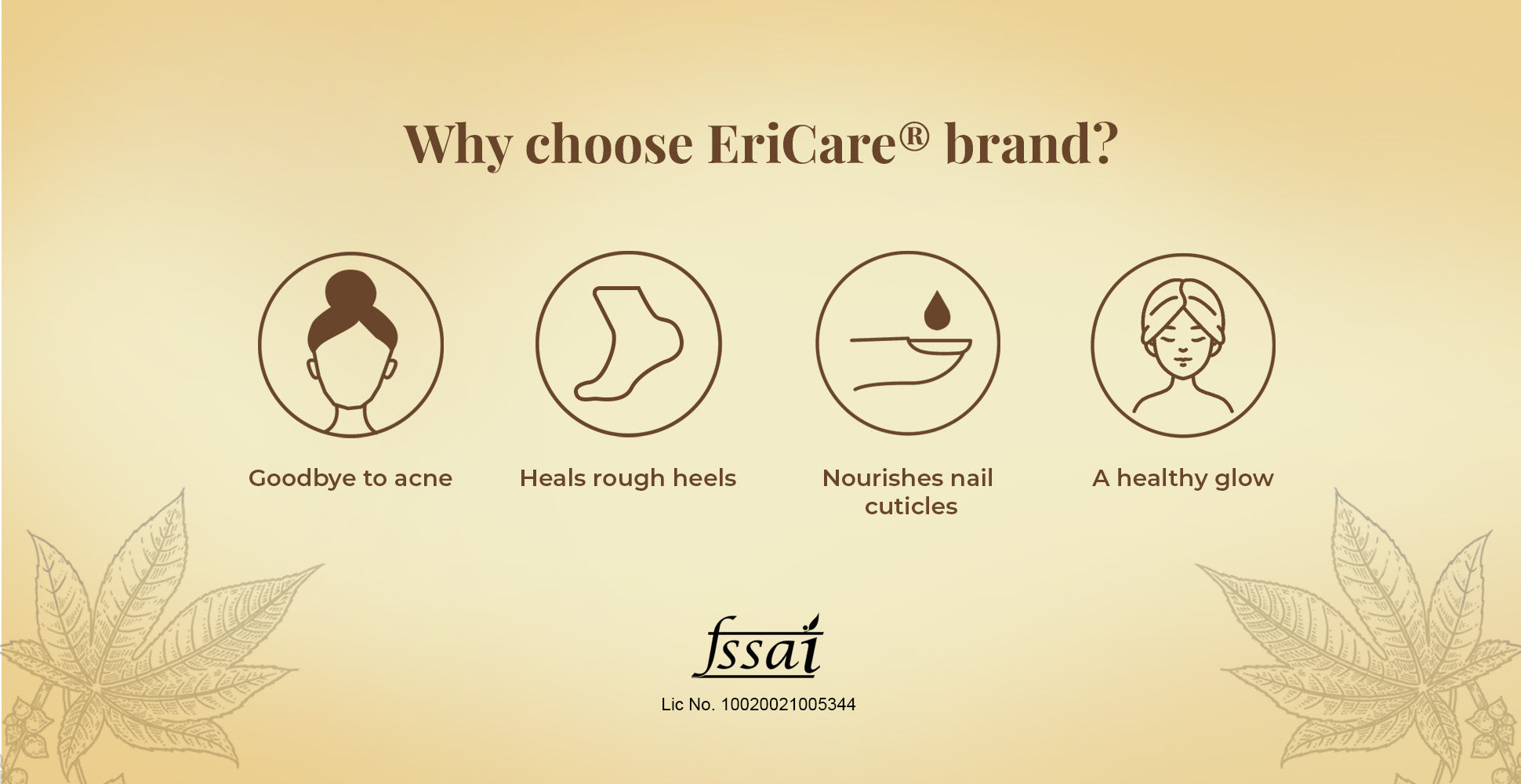 Image displaying on why one should choose Ericare cold-pressed castor oil for acne free skin, nourished nail cuticles, smooth krackless heels, healthy glow with clear skin